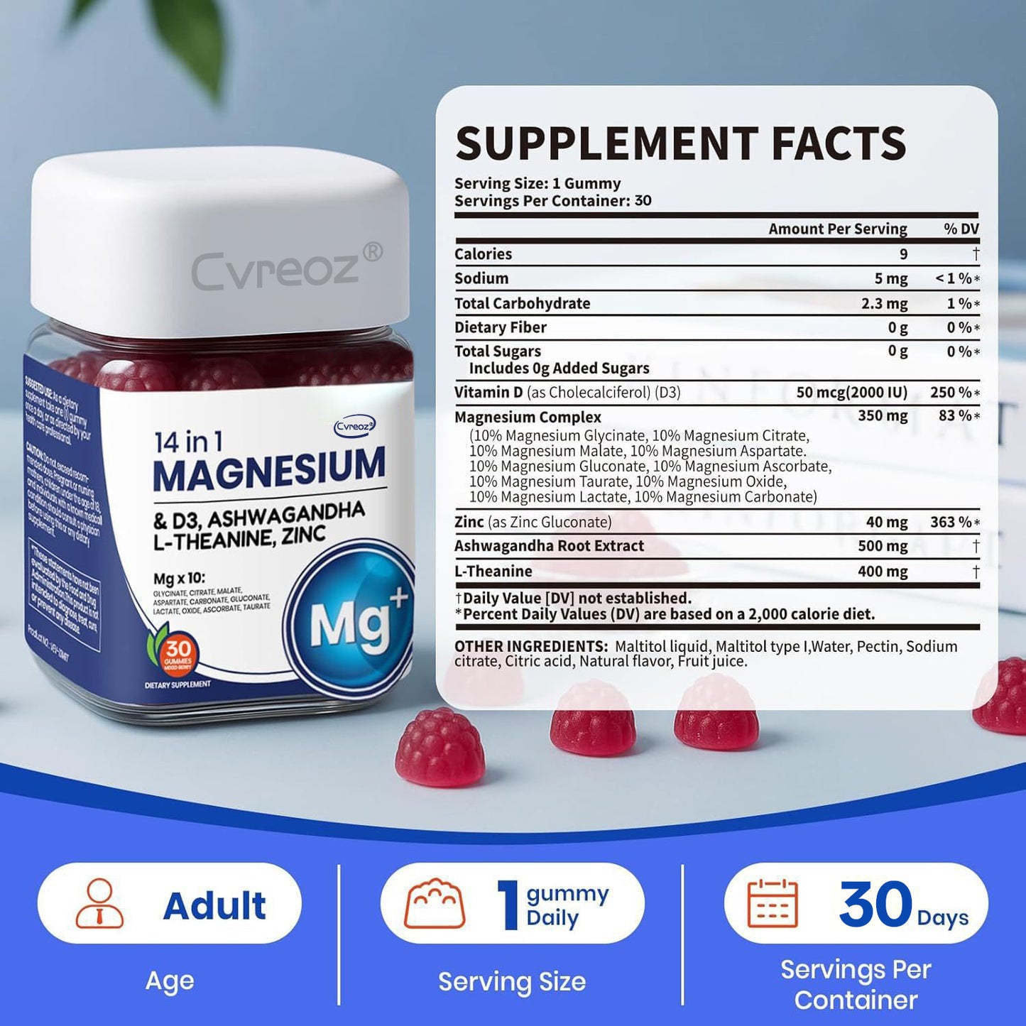 Cvreoz® ①14-in-1 Magnesium Gummies – with Ashwagandha, L-Theanine, Vitamin D3 & Zinc